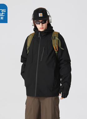 VF真维斯冬季简约男女户外三合一连帽夹克外套男款黑色上衣