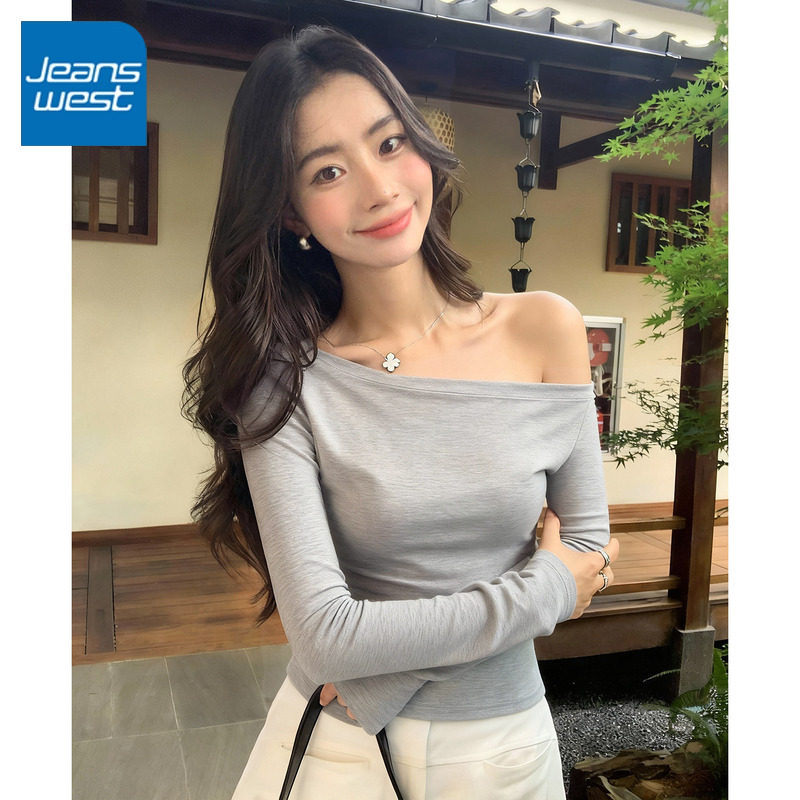 KCV真维斯2026年新款纯欲斜肩露肩纯色短袖T恤女春宽松露锁骨