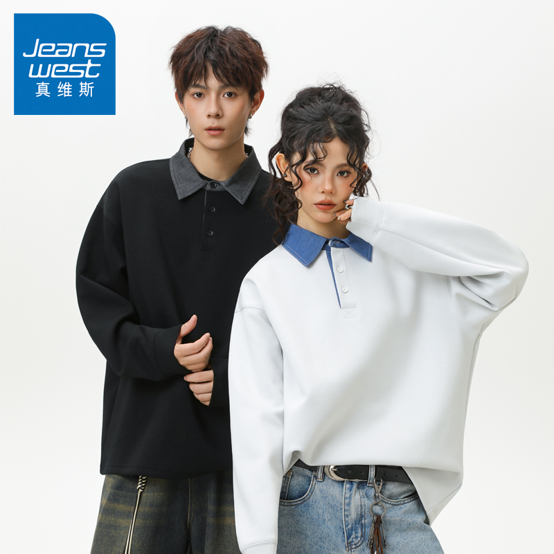 N5真维斯长袖T恤男2025新款秋季美式情侣宽松POLO衫男生春秋卫衣