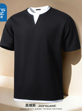 NN真维斯假两件t恤男夏季新款黑色休闲挺括上衣青少年华夫格短袖