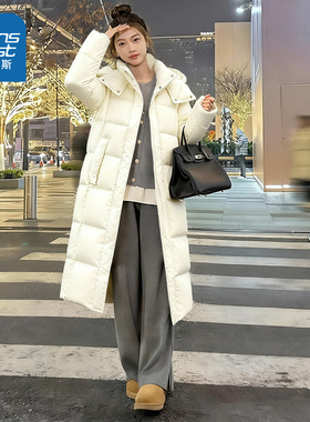 NOW真维斯白色鸭绒加厚长款羽绒服女2025新款超好看过膝宽松外套
