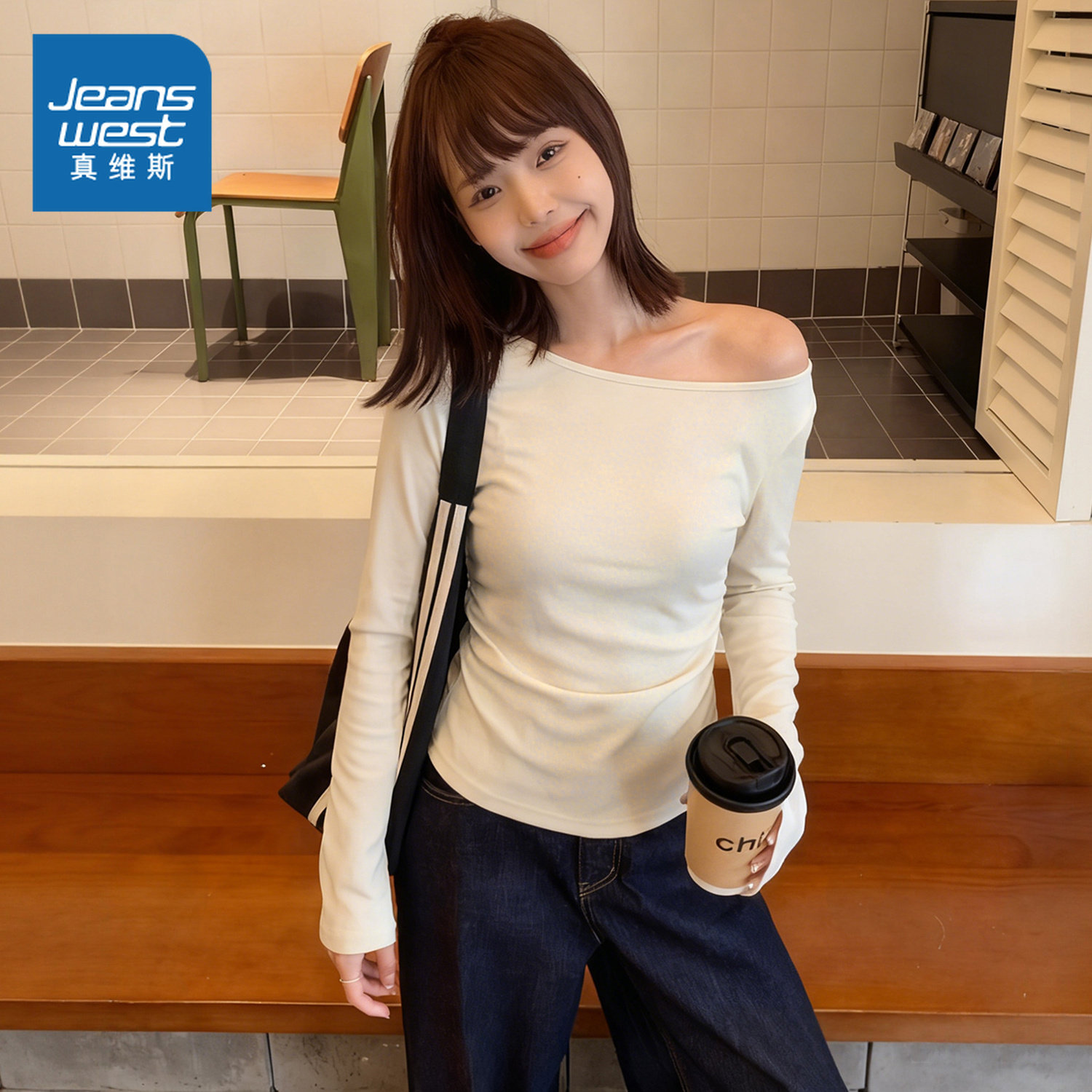 KMV真维斯一字肩长袖上衣女士2026春季修身显瘦慵懒高级感斜肩t恤,女装/女士精品,T恤,淘宝优惠券,粉丝福利购,淘宝优惠卷