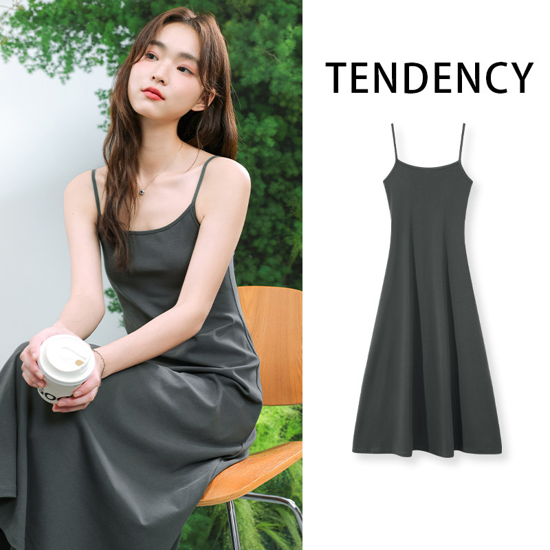 KMV真维斯长款吊带连衣裙女2025新款夏季灰色收腰修身显瘦A字