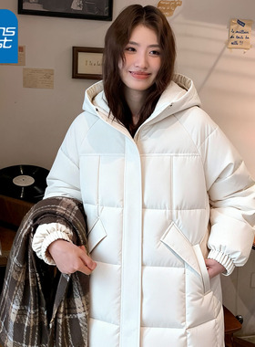 KV真维斯白色中长款棉服女2025新款冬季爆款休闲加厚百搭棉袄外套