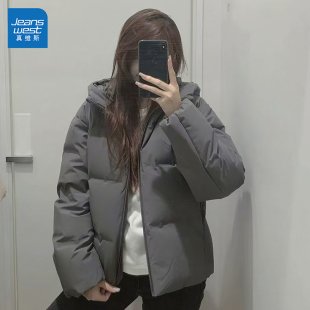 宽松显瘦面包服保暖连帽外套 新款 GL真维斯灰色短款 棉服女2025冬季