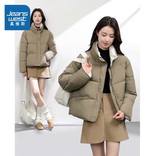 KHV真维斯美式短款棉服女款冬季立领加厚面包服保暖棉衣棉袄外套