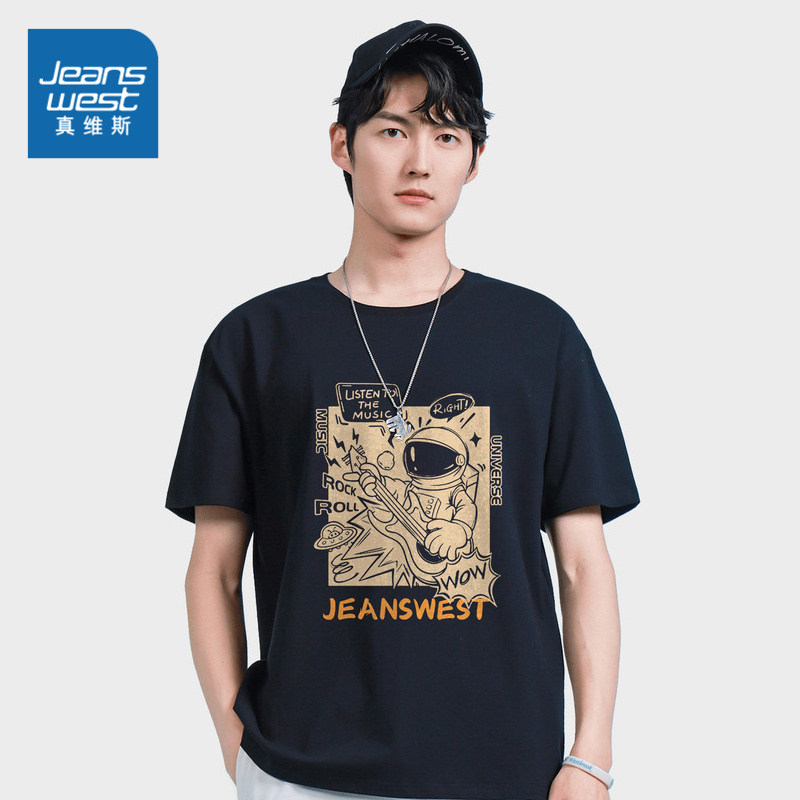 JR真维斯男装夏季青年纯棉时尚圆领宇航员印花休闲潮流短袖T恤衫