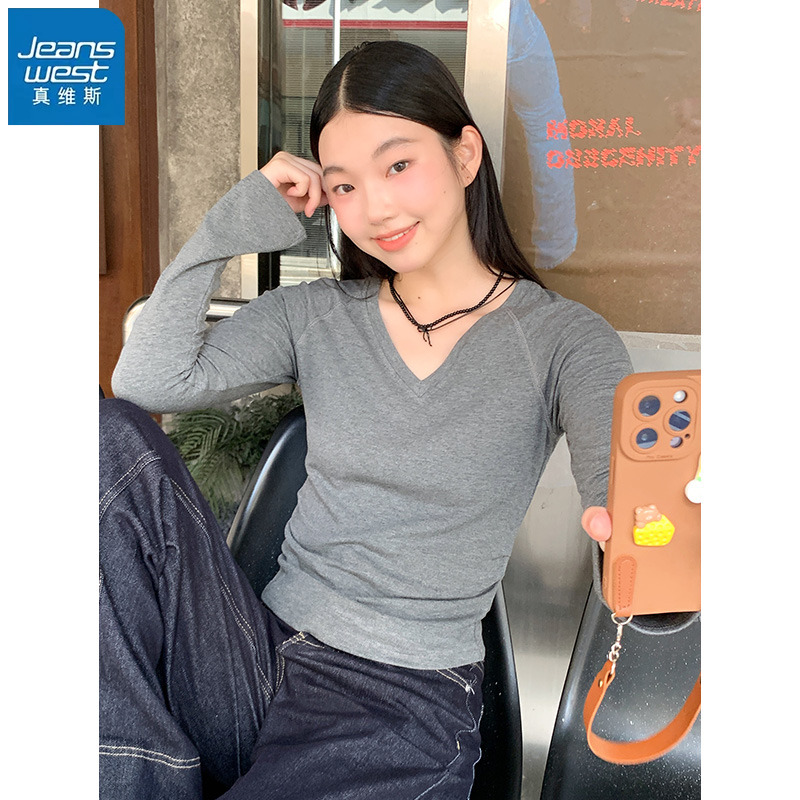 真维斯灰色V领长袖t恤内搭打底衫