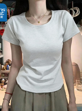 JR真维斯浅灰色正肩t恤女款2026夏季新款辣妹修身显瘦短款上衣