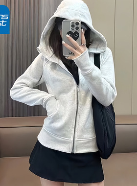 KV真维斯灰色连帽卫衣女2025新款秋冬修身收腰正肩短款开衫外套女