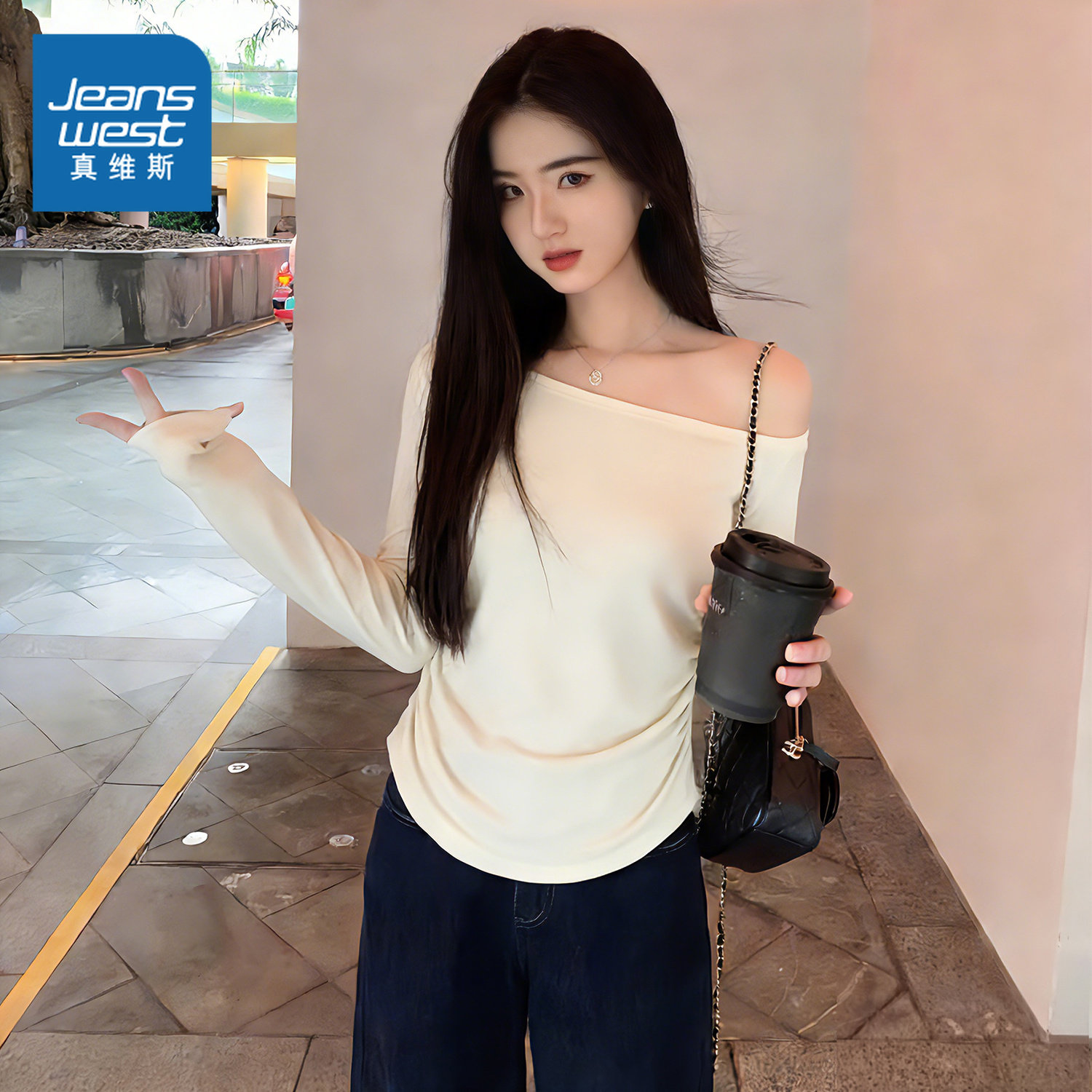 NOW真维斯法式纯欲风长袖打底衫t恤女春季修身露肩内搭一字肩上衣