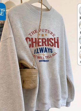 KYV真维斯灰色卫衣女2025新款春秋美式宽松加绒圆领连帽卫衣外套