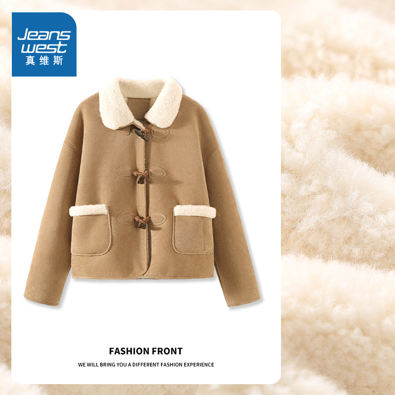 真维斯麂皮羊羔绒加厚外套女