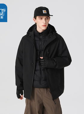 VF真维斯保暖外套男冬季时尚男女三合一连帽夹克黑色宽松男装