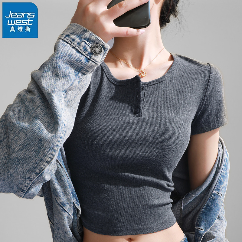 真维斯纽扣半开领短袖t恤女上衣