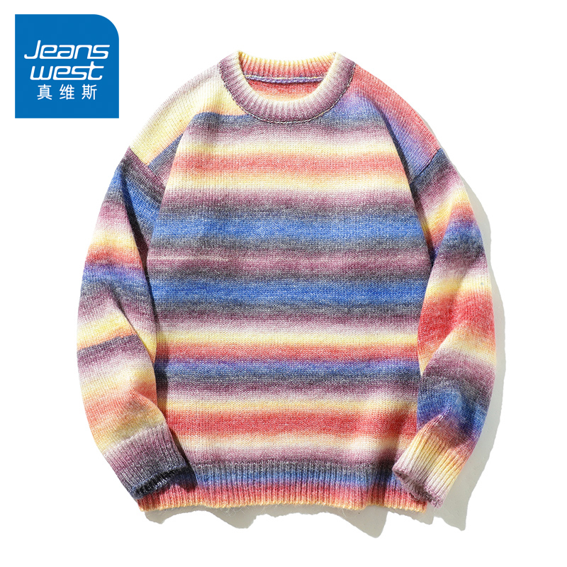 N5真维斯毛衣男2025新款秋冬季美式宽松圆领拼色上衣服男款针织衫