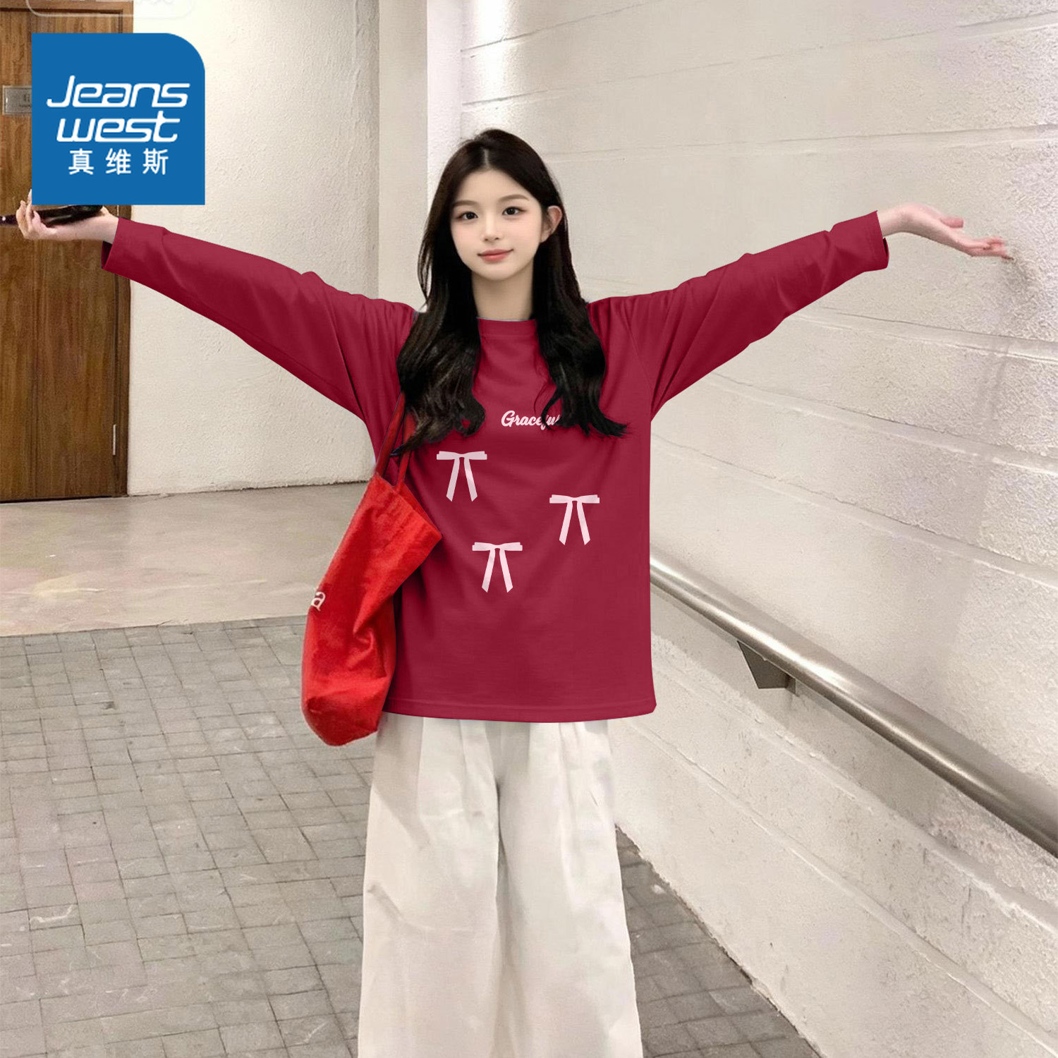 真维斯红色纯棉长袖t恤女款2026