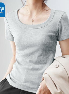 KV真维斯灰色正肩t恤女夏季新款休闲时尚方领小个子修身短袖上衣