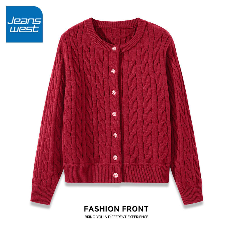 NOA真维斯绞花开衫女 2026本命年红色加厚保暖韩系软糯上衣外