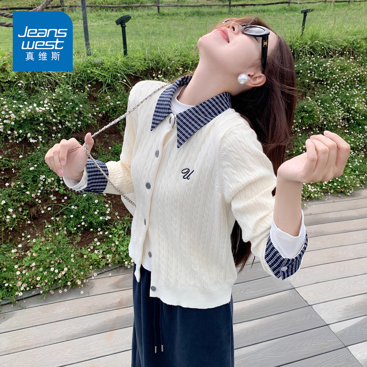 KP真维斯韩系polo领针织开衫女秋季麻花假两件格子长袖毛衫外套