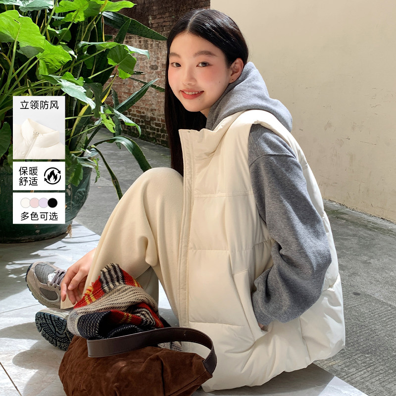 KV真维斯立领马甲女生冬季无袖加厚夹棉外套女米白色保暖上衣女