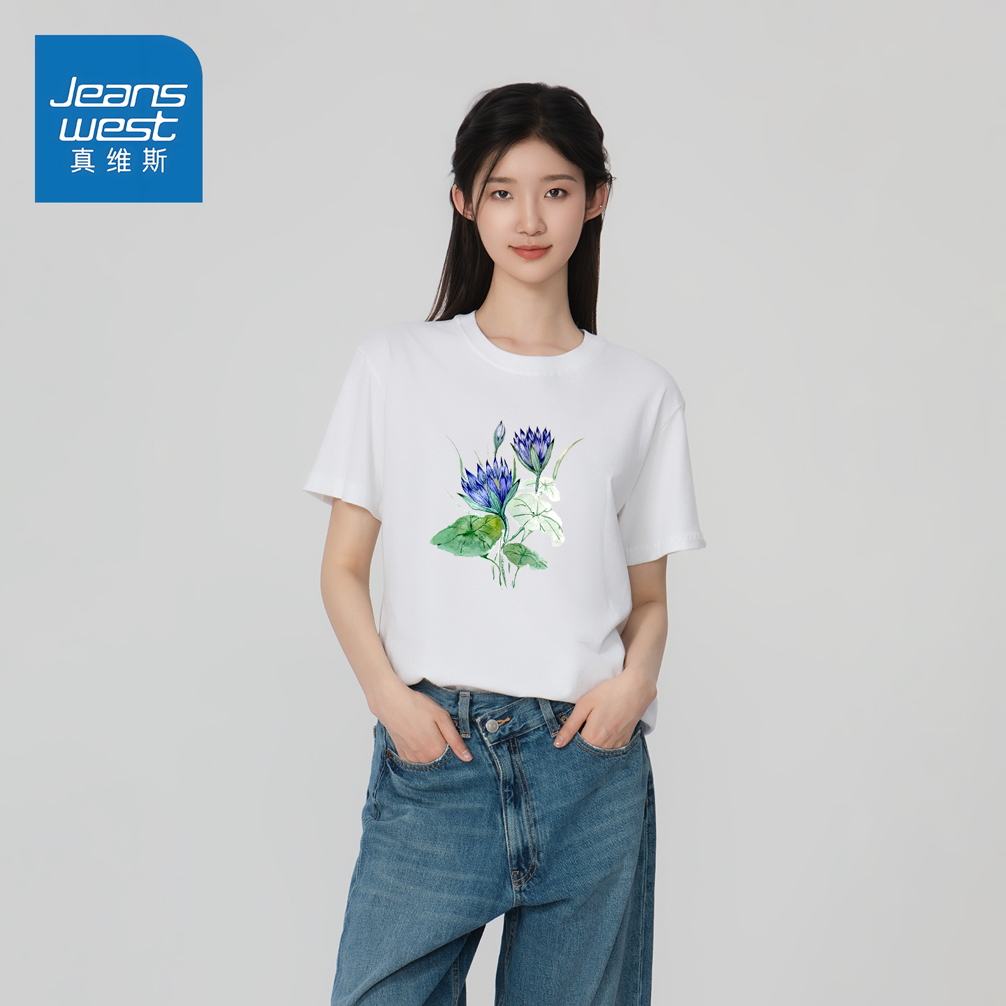 GC真维斯短袖宽松莲花印花t恤女高级感纯棉布料圆领显瘦短袖上衣