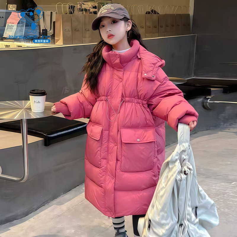 DQ真维斯女童2025冬季新款立领抽绳收腰长款棉服外套时尚百搭款
