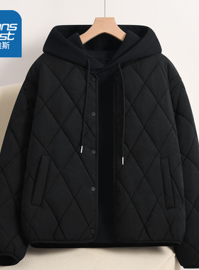 LB真维斯黑色棉服女冬季2025新款无领加厚棉袄小个子休闲宽松棉衣