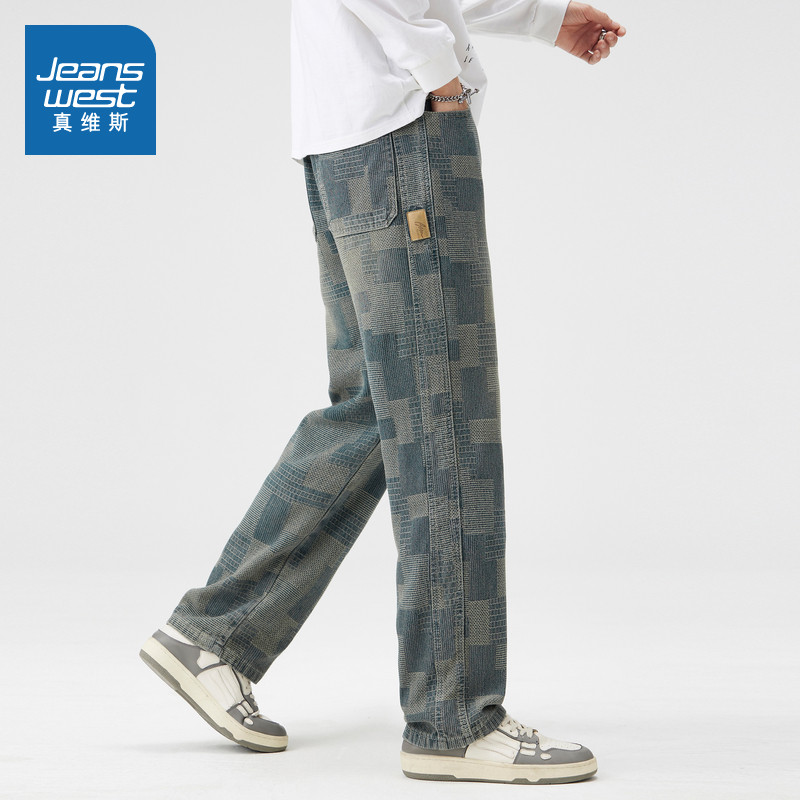 加绒男款宽松休闲星空纹牛仔长裤