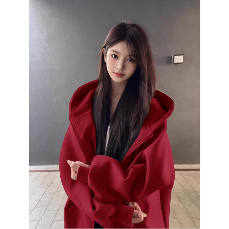 NOW真维斯连帽卫衣外套女2025新款秋宽松大码高级感开衫红色上衣