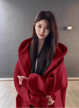 NOW真维斯连帽卫衣外套女2026新款春宽松大码高级感开衫红色上衣