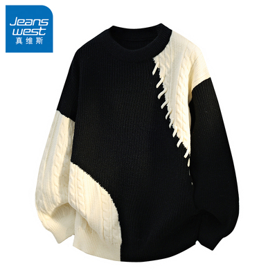 N5真维斯毛衣男2025新款冬季撞色拼接宽松圆领上衣保暖男款针织衫