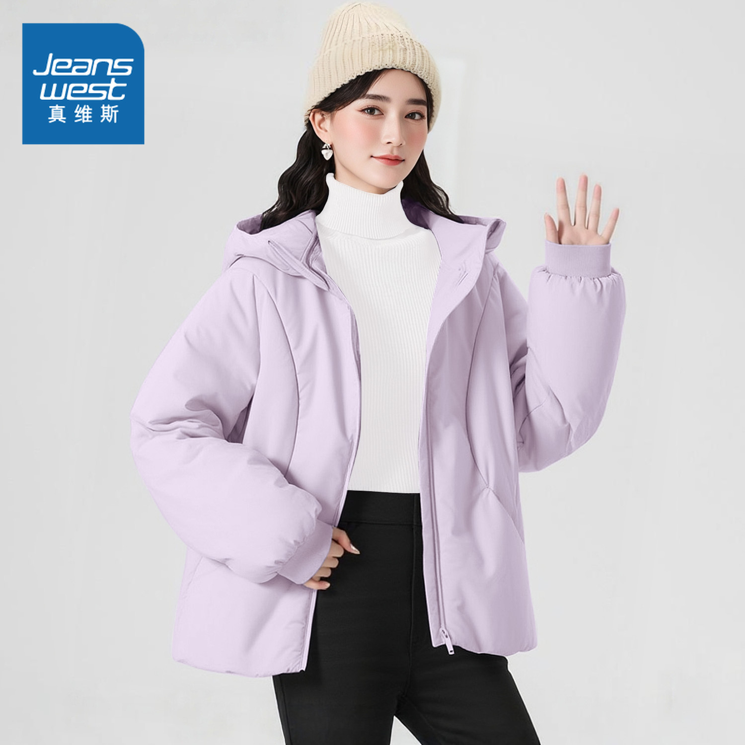 真维斯女冬加厚连帽棉服外套棉衣