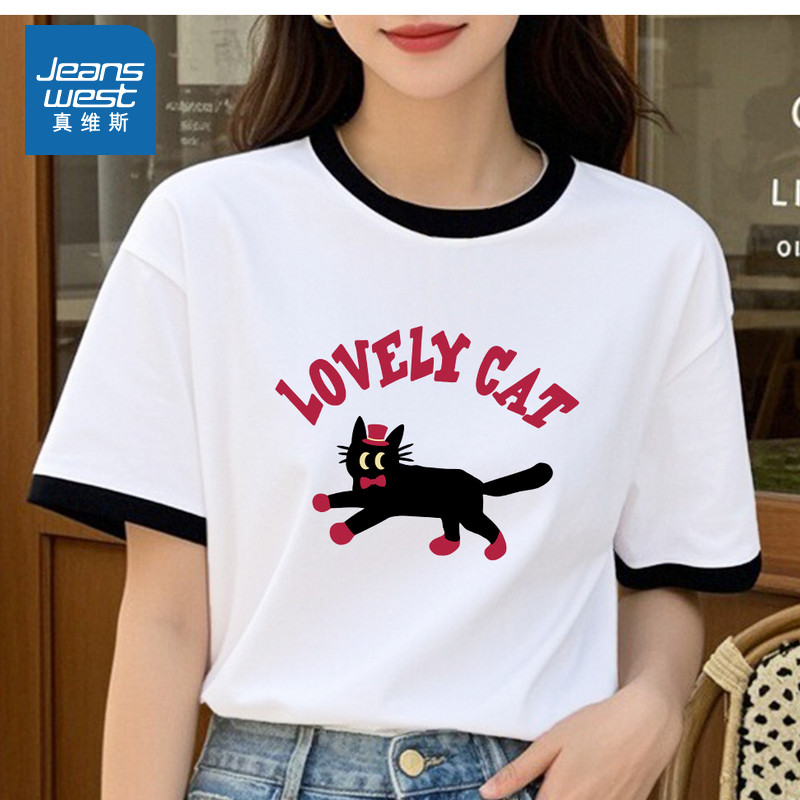 YD真维斯女装2025夏季新款女款黑色小猫印花时尚百搭女士短袖T