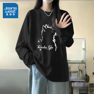 NOB真维斯黑色纯棉t恤女款款早春韩系正肩宽松百搭外穿内搭打底衫