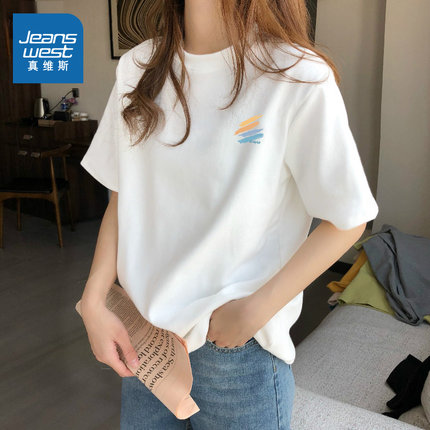 NOB真维斯青少年白色短袖t恤女2025新款夏季纯棉正肩宽松半袖上衣