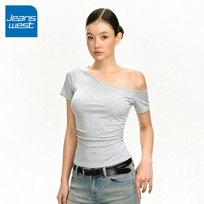 KCV真维斯斜肩露肩t恤女短袖夏季2026新款宽松显瘦遮肉一字肩