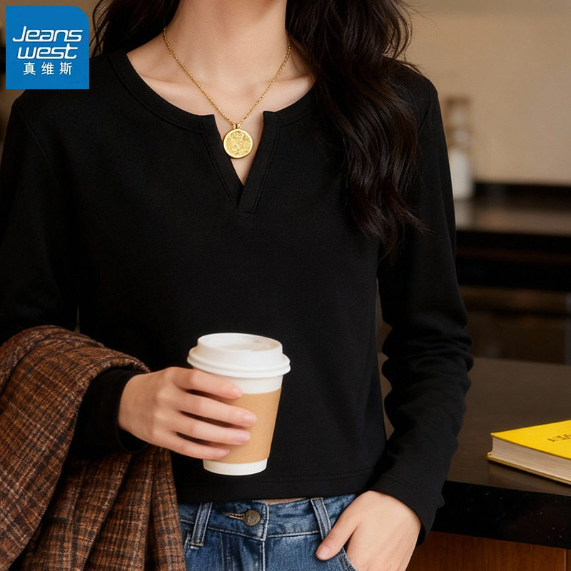 KHV真维斯黑色V领长袖t恤女2025新款秋冬爆款修身上衣内搭打