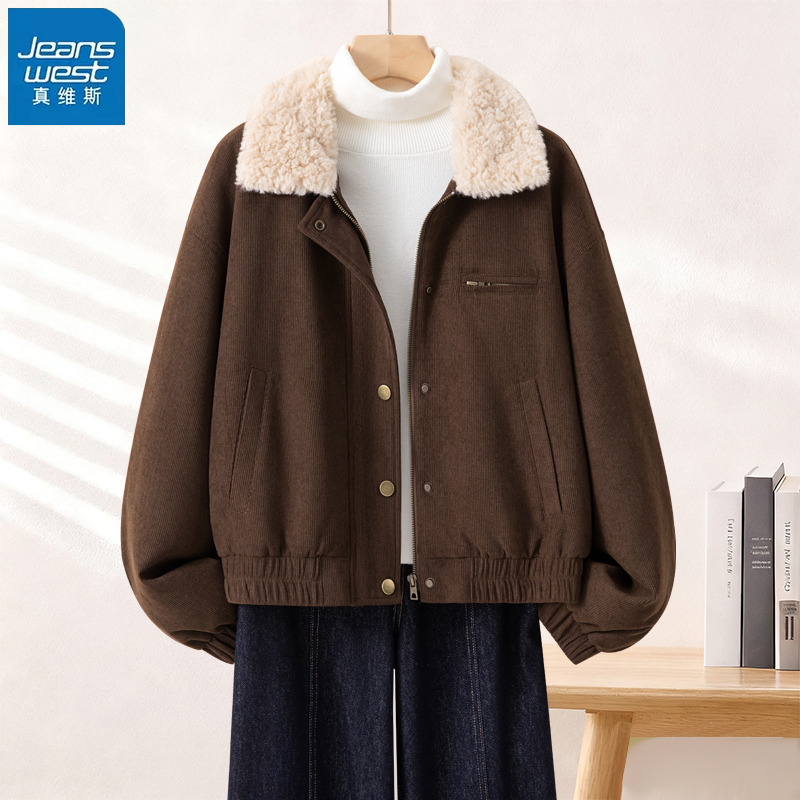 KHV真维斯咖色翻领工装夹克上衣女款2025冬季新款棉服灯芯绒外套