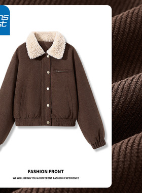 NOA真维斯美式复古灯芯绒外套女仿羊羔毛翻领棉衣工装夹克上衣女