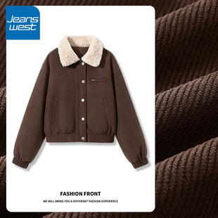 NOA真维斯美式 夹克上衣女 复古灯芯绒外套女仿羊羔毛翻领棉衣工装