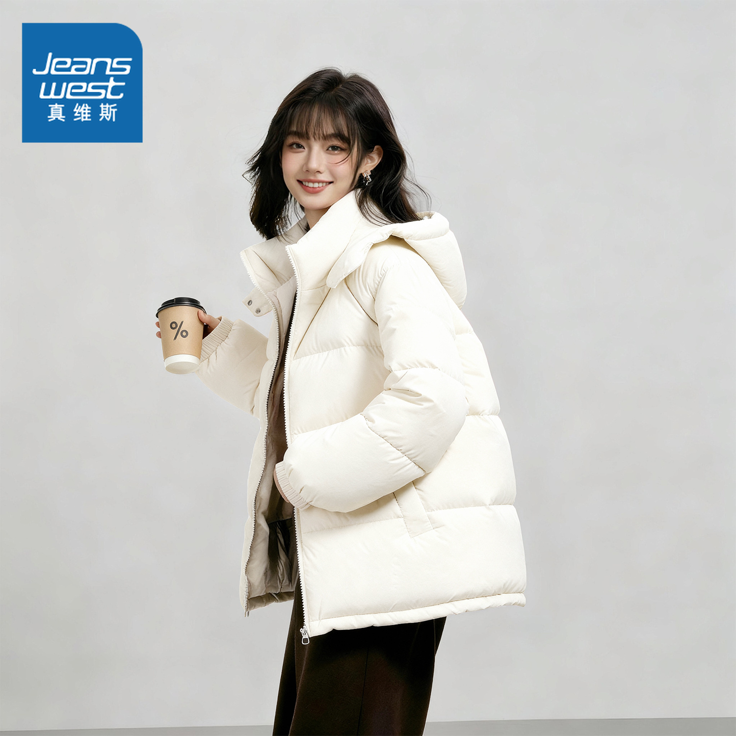 NOW真维斯白色棉袄女款2025超火冬装外套韩系连帽保暖加厚棉服女