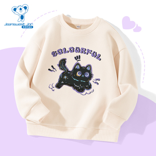 小黑猫印花宽松上衣 新款 JU真维斯女童装 400g加绒圆领卫衣冬季