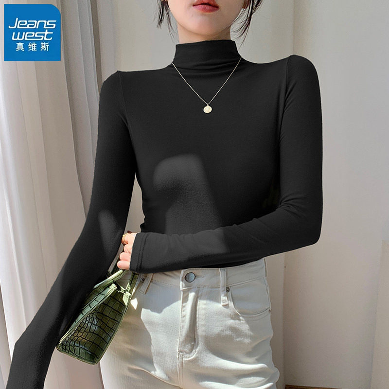 KHV真维斯黑色半高领内搭打底衫女2025新款超好看修身长袖t恤