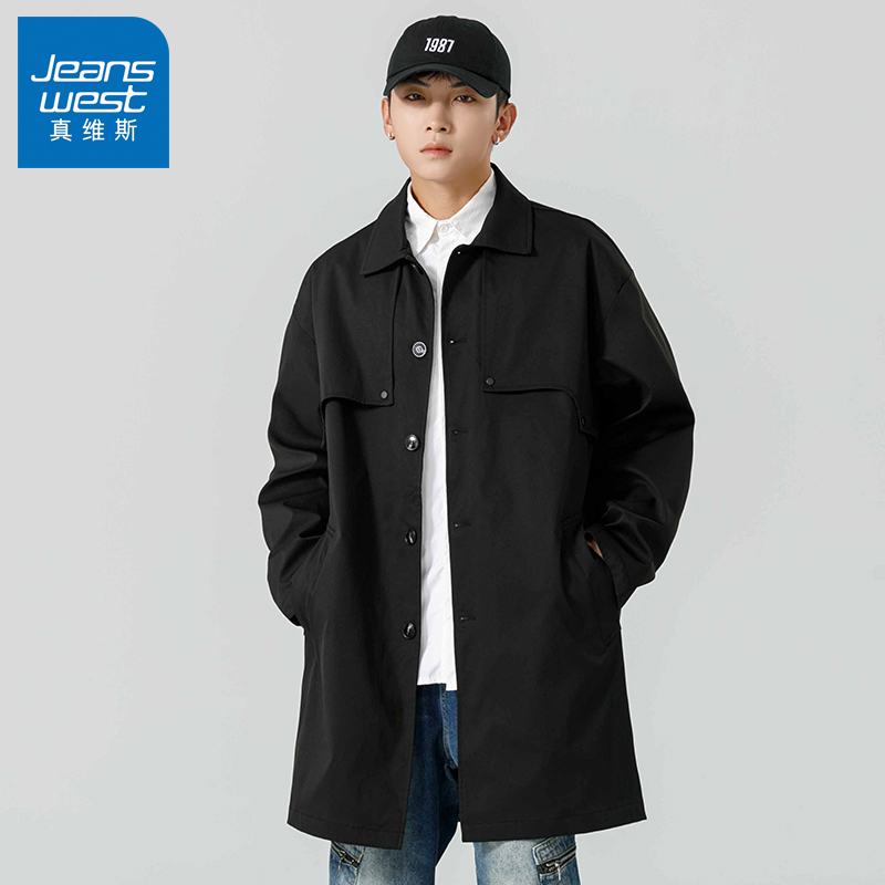 N5真维斯中长款翻领风衣男2025新款秋季美式潮牌宽松男士秋冬外套