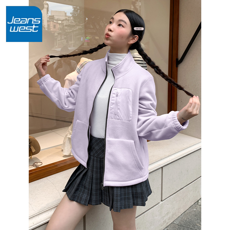 真维斯立领宽松绒外套女2025新款