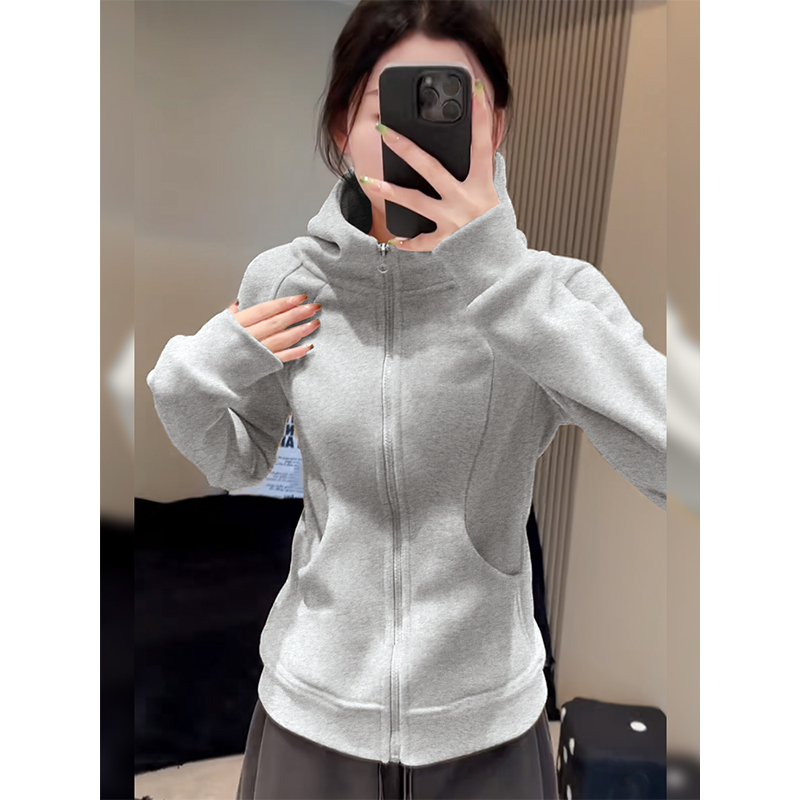 NOW真维斯春秋连帽外套女2025新款运动上衣修身收腰灰色开衫卫衣