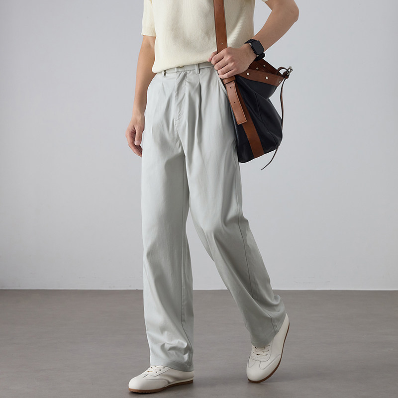 春夏新款男士卡其色垂感休闲西裤 宽松直筒褶裥商务通勤西装长裤