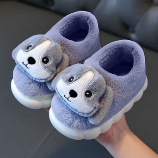 冬季儿童棉鞋包跟男女童保暖加绒毛毛小狗防滑厚底居家亲子棉拖鞋