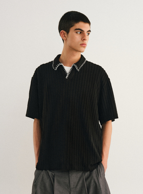 NONRADICAL（NR）手缝线麦穗纹POLO 高知感V领翻领短袖t恤